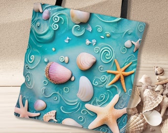 Beach tote bag, all over printed tote, seashell tote bag, shells tote bag, tote bag gift, birthday gift, vibrant colors tote, gift tote