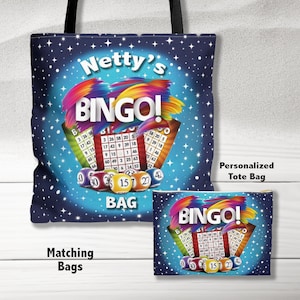 Bingo tote, all over printed tote, personalized bingo bag, bingo lover gift, colorful bingo player gift, matching accessory bag, bingo