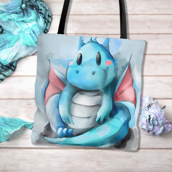 Baby blue dragon tote bag, dragon tote, cute baby bag, cute gift tote, vibrant color tote, all over print tote, baby shower gift, diaper bag