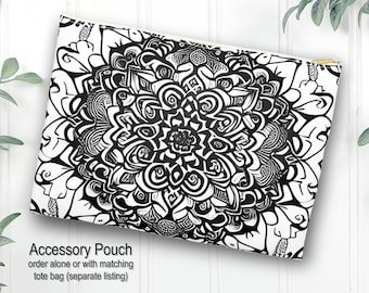 Mandala accessory pouch, all over printed bag, colorful pouch, black white bag, best birthday gift, mandala accessory bag, zippered bag