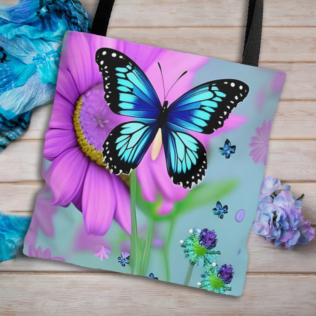 Butterfly Tote Bag, All Over Printed Tote, Colorful Tote Bag, Flowers