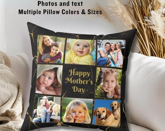 May include: A black and gold pillow with a collage of photos and the text "Happy Mother's Day".