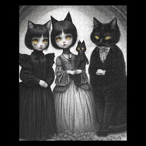 May include: A jigsaw puzzle featuring a gothic illustration of three figures with cat-like features. The figures are dressed in Victorian-era clothing, with one holding a black cat. The artwork is primarily black and white with yellow eyes.