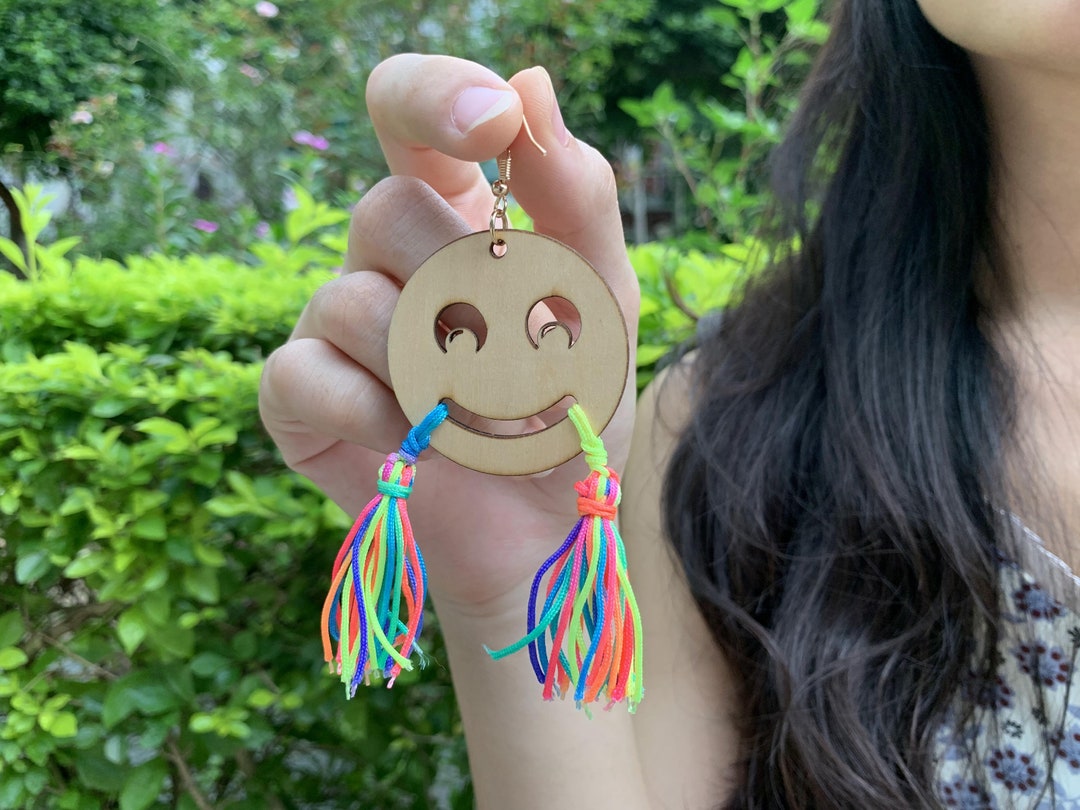 Smiley Face Earrings, Handmade Earrings, Wooden Earrings, Sculpture