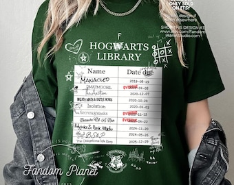 ホグワーツ図書館カード柄コットンTシャツ、読書好きファン向けTシャツ