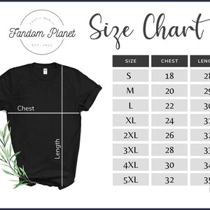 May include: Size chart for t-shirts with measurements in inches for chest and length. Sizes range from S to 5XL.
