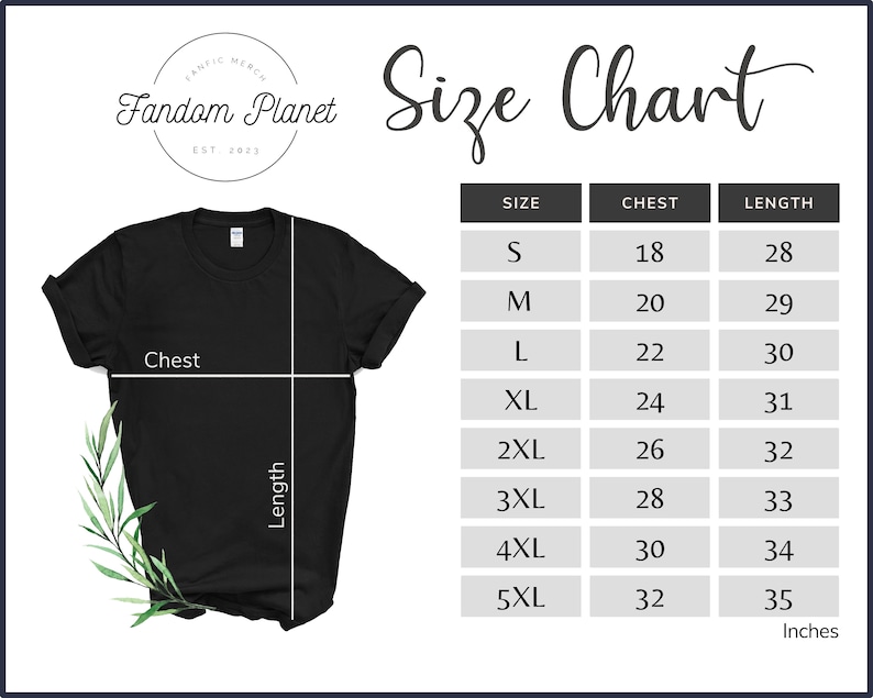 May include: Size chart for t-shirts with measurements in inches for chest and length. Sizes range from S to 5XL.
