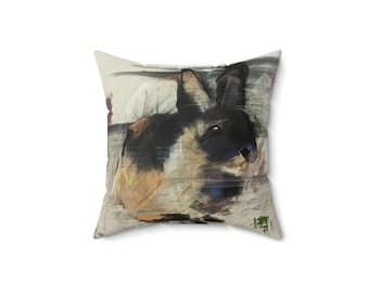 Bunny Pillow - Faux Suede Square Pillow in Sand Color with Winter Bunny original art