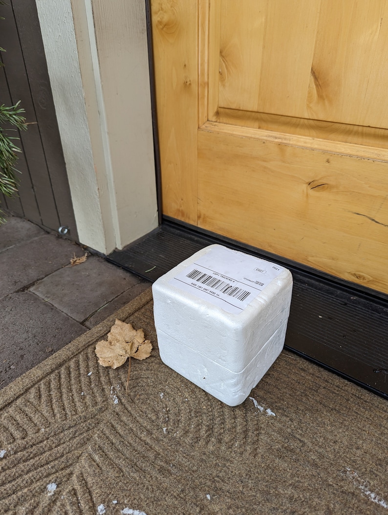 Op de afbeelding: Een witte styropor doos met een verzendlabel op de bovenkant. Het label heeft een barcode en de tekst "ORDER TRACKING" en "ORDER #". De doos staat op een bruine deurmat.