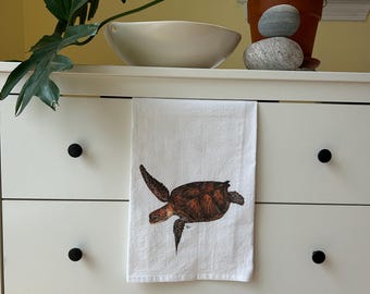 Toalla de cocina con retrato de tortuga verde.