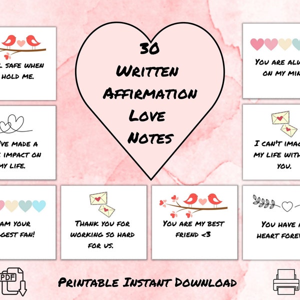 Written Verbal Affirmation Love Notes, Love Language Gift for Husband Wife Boyfriend Girlfriend, 30 Printable Valentine's Day for Him & Her