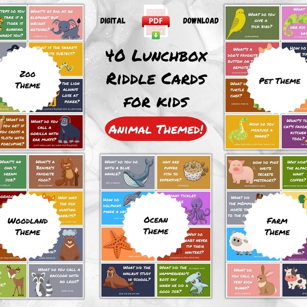 Lunchbox Animal Riddles for Kids, Fun Farm Woodland Zoo Pet Ocean Themed Jokes for Children, Puns for School Students