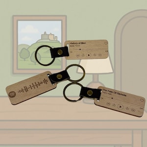 Pode incluir: Porta-chaves de madeira com tiras de couro preto e argolas de metal. Um porta-chaves apresenta um código Spotify, enquanto os outros exibem informações da música, incluindo o texto "History of Man" e "The Fate Of Ophelia".