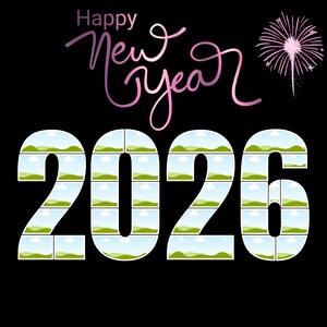 May include: A black background with the words "Happy New Year" in pink script above the number "2026". The numbers are filled with landscape images. A pink firework graphic is in the upper right corner.