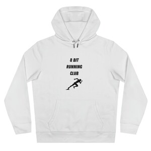 May include: White hoodie with a black silhouette of a runner and the text "8 BIT RUNNING CLUB" printed on the front.