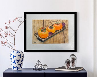 Original Colored Pencil Drawing | Persimmons（柿柿如意) | meaning Best of Luck in Asia | Art Gift | Gift for Her | Gift for Him | Home Decor