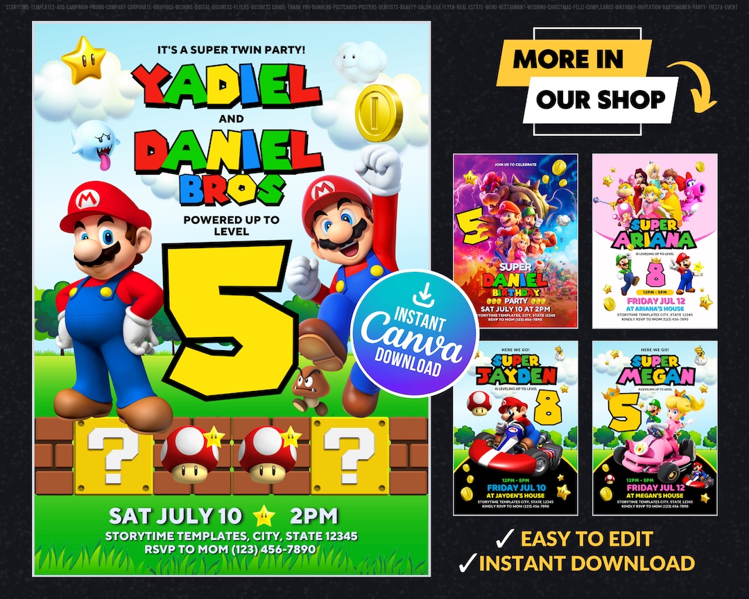 Super Mario Birthday Invitation for Twins Mario Twin Brothers Birthday