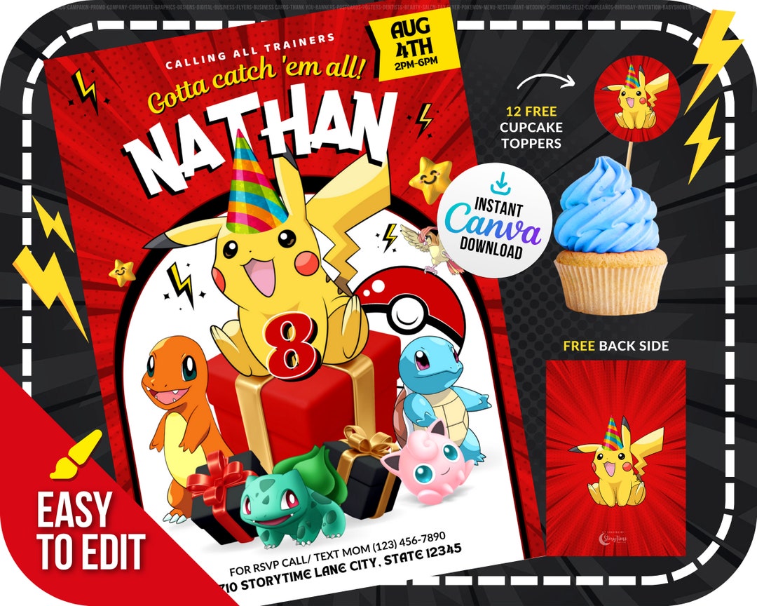Pokemon Invitation, Pikachu Invitation, Pokemon Birthday, Pikachu
