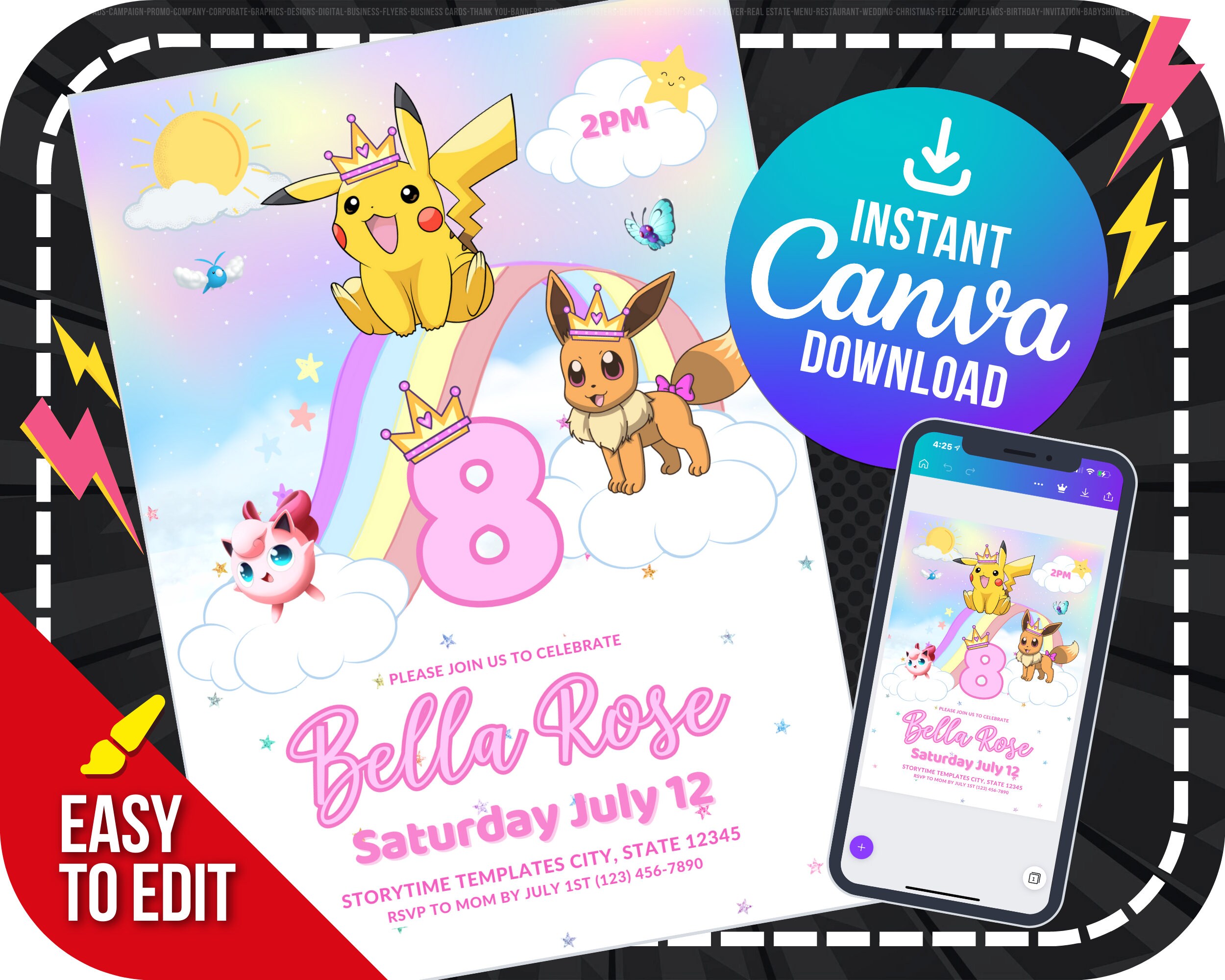 Pink Pikachu Invitation for Girls Girl Pokemon Invitation Pokemon Birthday Pikachu Invitation Pokemon Editable Template Pink