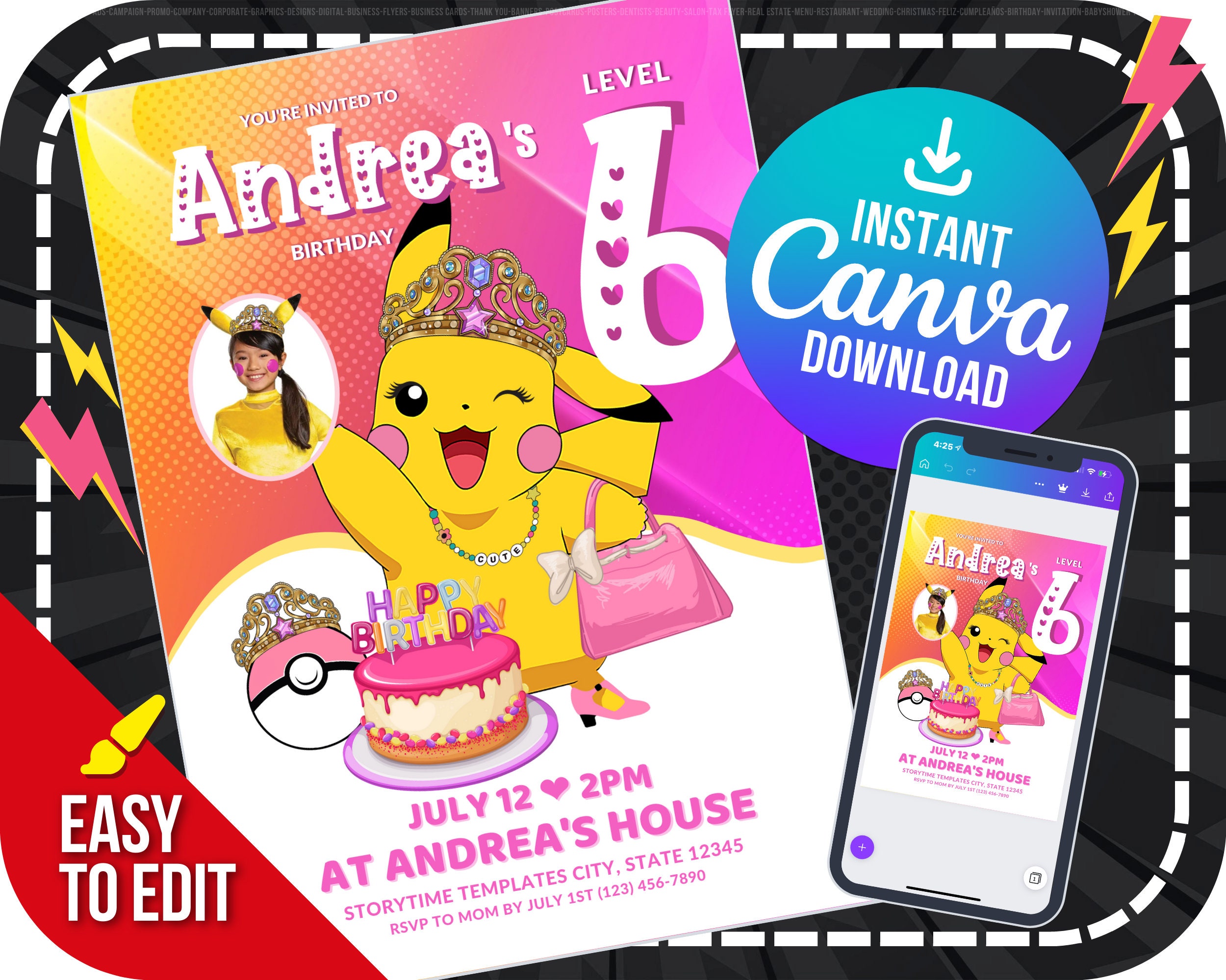 Pink Pikachu Invitation with Photo Pokemon Birthday Invitation for Girls Pikachu Invitation Pokemon Editable Template Pink