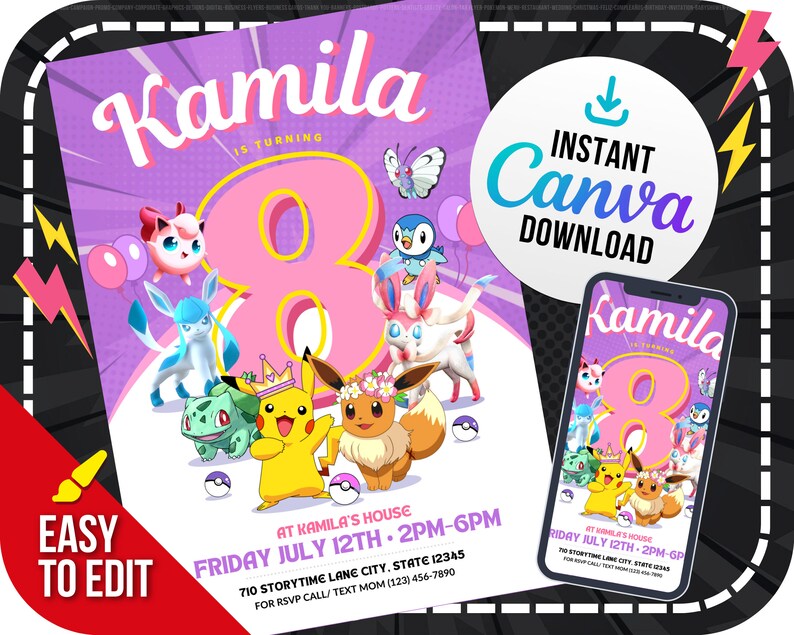 Pokemon Invitation Pokemon Party Pokemon Birthday Pikachu Invitation Eevee Editable Template Pokemon Invitation Pink Pokemon