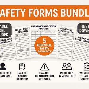 May include: A bundle of safety forms with the text "SAFETY FORMS BUNDLE" in orange. The forms include "Toolbox Talk Attendance," "Safety Action Register," "Hazard Identification Register," "Incident & Near Miss Log," and "Workplace Safety Inspection." The bundle includes editable Excel files and instant download.