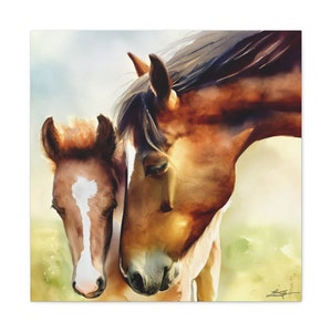 Mare and Foal watercolor horse art print on gallery wrapped canvas, ready to hang, equestrian, horse gift, ranch, country, wall art,