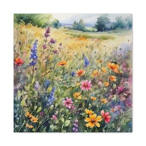 Summer Wildflower Meadow Landscape Art Print on Gallery Wrap Canvas Square 12x12, 16x16, 20x20, 24x24, 30x30 ready to hang