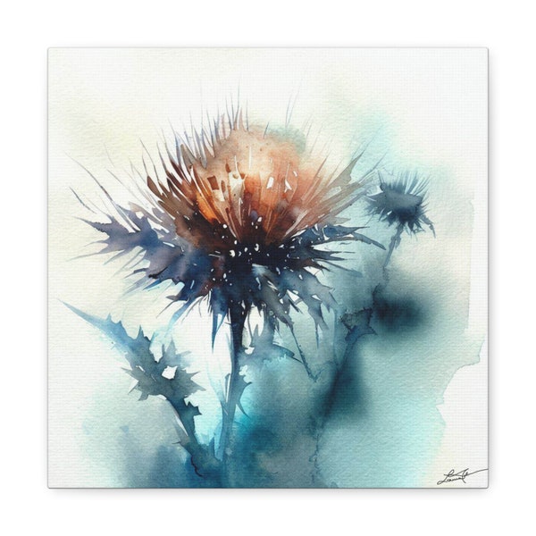 Watercolor Thistle art print on gallery wrapped canvas 10x10, 12x12, 16x16, 20x20 square sizes, ready to hang, kitchen, bathroom, hallway