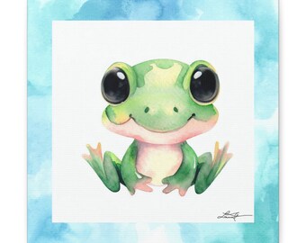 Niedlicher Aquarell Frosch Kunstdruck eines in der Galerie gewickelten Gemäldes von Laura Johnson.