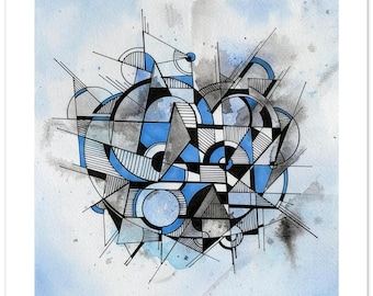 Architectural Heart Abstract Ink Drawing - Blue and Grey Geometric Wall Art