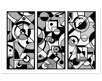 Modular Logic | Geometric Triptych Art Print | Black and White Bauhaus Wall Decor