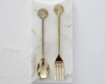 Antique Gold Shell Dessert Fork and Spoon Set | Handmade Brass