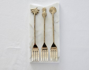 Antique Gold Dessert Forks (Trio) | Pineapple, Palm, Shell Brass