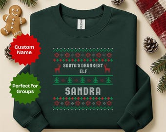 Niestandardowy brzydki świąteczny sweter, zabawny świąteczny sweter, brzydka świąteczna koszulka, koszula do baru, pijany elf Świętego Mikołaja