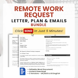 Könnte beinhalten: Ein Bundle mit Vorlagen für Remote-Work-Anfragen, einschließlich eines Briefes, eines Plans und E-Mails. Der Text lautet "Remote Work Request Letter, Plan & Emails Bundle" mit dem Aufruf "Click SEND in Just 5 Minutes!" Enthält bearbeitbare Word-Dokumente.
