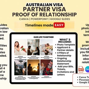 May include: A digital template for an Australian Partner Visa proof of relationship document, compatible with Canva, PowerPoint, and Google Slides. It features a layout for photos, timelines, and relationship statements with text prompts.