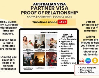 May include: A digital template for an Australian Partner Visa proof of relationship document, compatible with Canva, PowerPoint, and Google Slides. It features a layout for photos, timelines, and relationship statements with text prompts.