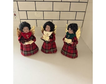 Set of 3 VTG 9" XMAS Choir Angel Tree Topper/Figurines Porcelain Velvet Wings