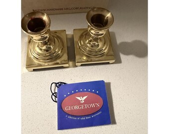 Vtg Baldwin Brass Pair of Taper Candlestick Holders Square Base 3" Tall EUC