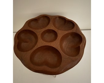 Mid-Century Modern MCM Hand Carved Teak Divided Wood Serving Dish Lazy Susan 12"