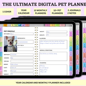 Puede incluir: Un planificador digital para mascotas con 34 páginas, un calendario anual, 12 planificadores mensuales, más de 12 planificadores para mascotas, 2 diarios, 2 notas y 32 pegatinas para mascotas. El planificador incluye una sección de perfil de mascota con campos para el nombre de la mascota, la fecha de nacimiento, el sexo, la especie, la raza, el pelaje, los ojos, el peso, la altura, el número de microchip, la etiqueta de la ciudad, las alergias y las condiciones médicas. El planificador también incluye una sección de favoritos para enumerar las cosas favoritas de la mascota.