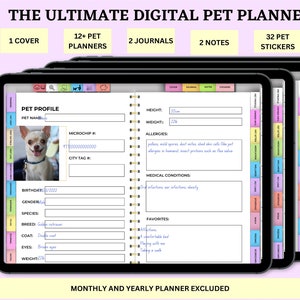 Pode incluir: Um planeador digital para animais de estimação exibido na tela de um tablet. O planeador inclui uma seção de perfil de animal de estimação com campos para o nome do animal, data de nascimento, sexo, espécie, raça, pelagem, olhos, peso, altura, número do microchip, número da etiqueta de identificação, alergias e condições médicas. O planeador também inclui uma seção para favoritos, como uma cama confortável, brincar com o dono e dar um passeio. O planeador tem 26 páginas e é totalmente hiperligado para facilitar a navegação. O planeador também inclui mais de 12 planejadores para animais de estimação, 2 diários, 2 notas e 32 adesivos para animais de estimação.