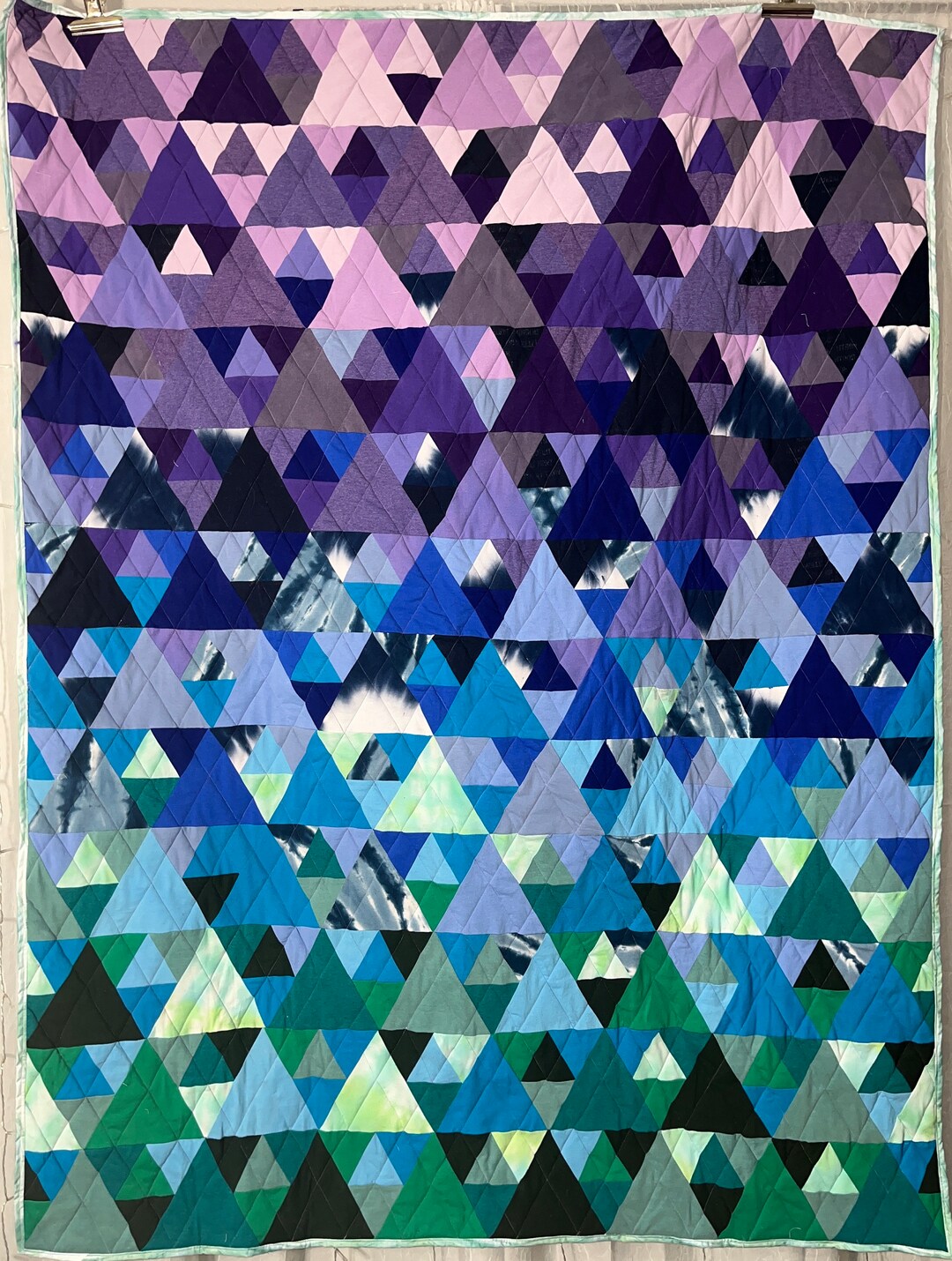 Purple and Teal Gradient Triangle Quilt, Tshirt Quilt, Upcycled