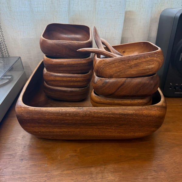 Vintage wooden bowl set with spoons
