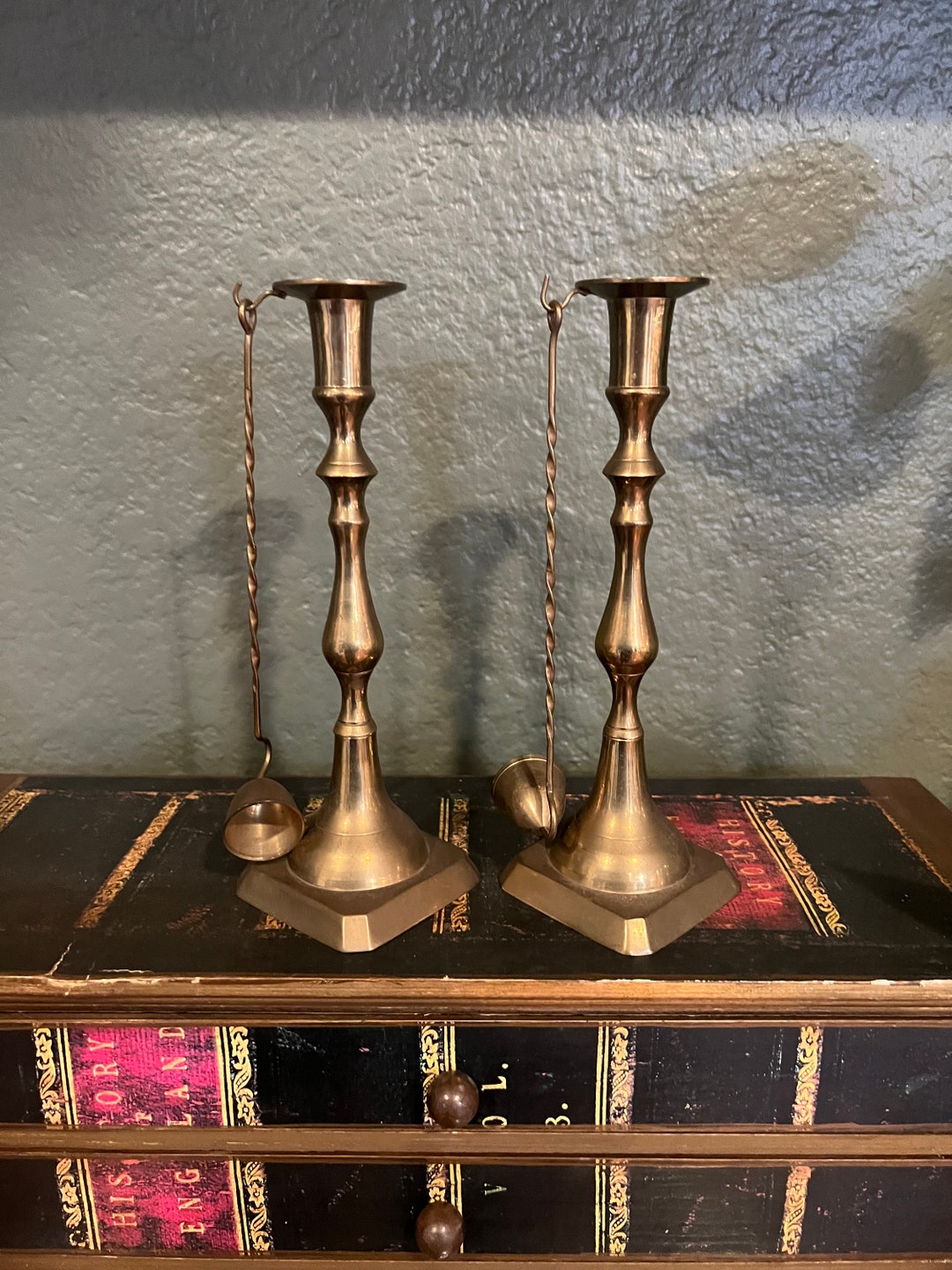 Two Small Brass Candlestick Holders With Snuffers Included Etsy