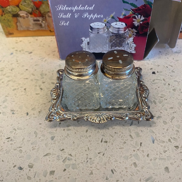 Vintage IN BOX Silver Plate Salt & Pepper Shakers with Tray-3 piece set