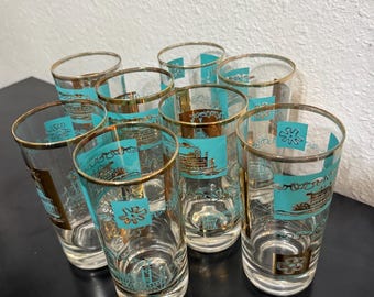 8 Vintage Libby Southern Comfort Steamboat 6 3/4" Tall Glasses Turquoise & Gold