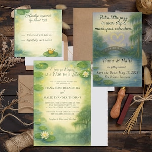 Invitación de boda de La Princesa y el Sapo / Invitación inspirada en Tiana / Diseño de acuarela editable / Boda Disney