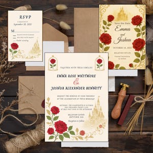 Convite de casamento da Bela e a Fera | Design de conto de fadas da Rosa e do Castelo | Modelo vintage romântico | Casamento da Disney